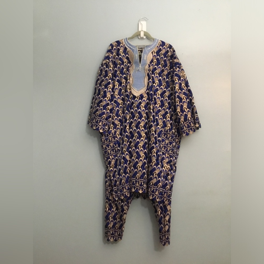Navy and Cream Patterned Drawstring Pants